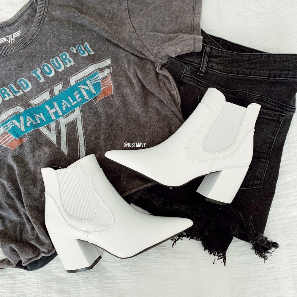 All White Point Toe Booties with croc detail